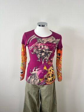 Vintage Ed Hardy Christian Audigier Skull Graphic Tee Y2K Long Sleeve Size M